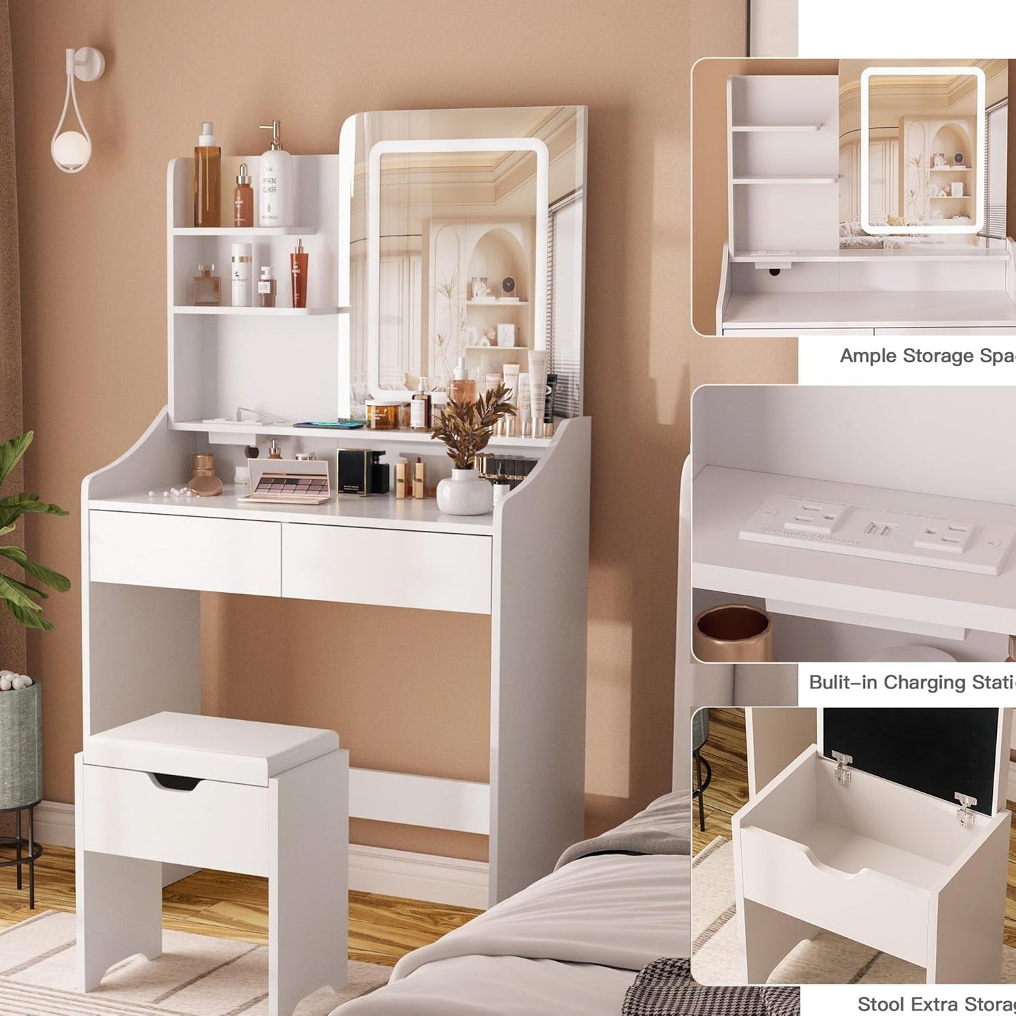 Vanity Desk With Integrated LED Mirror And Charging