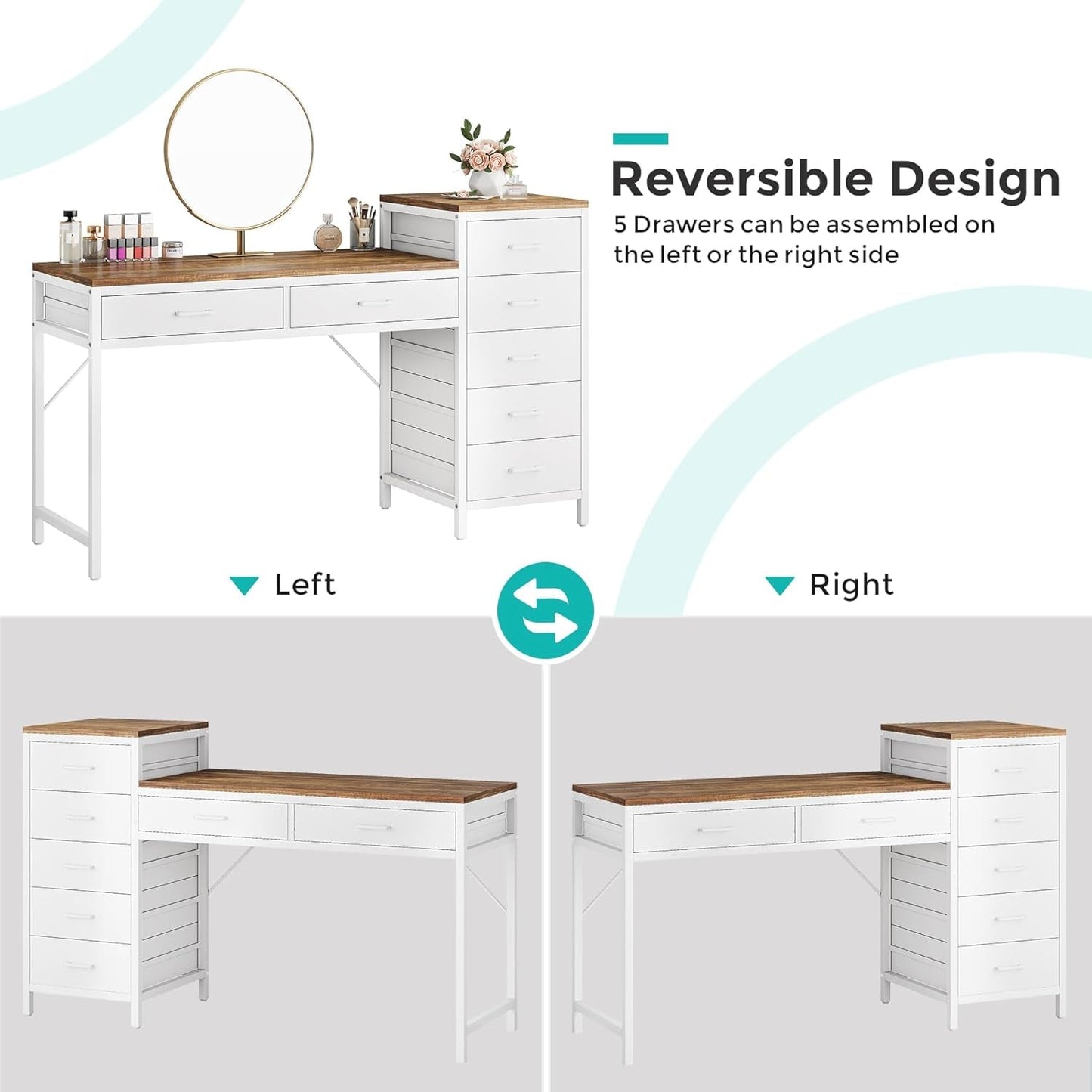 Fifty Five Inch Makeup Vanity Desk With Reversible Drawers