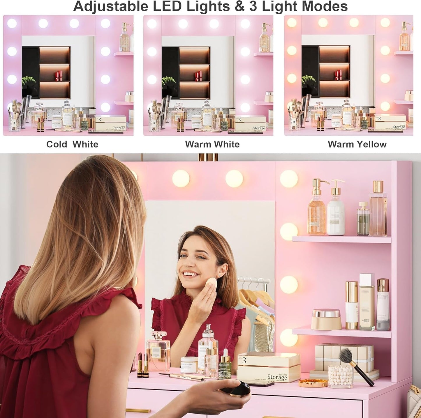 61 Inch Pink Vanity Desk With Illumination Control System