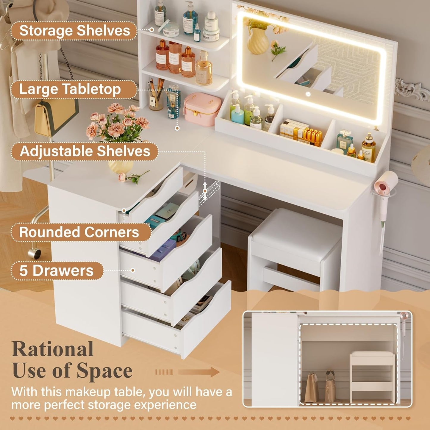 White L Shaped Vanity Desk With Builtin Illumination