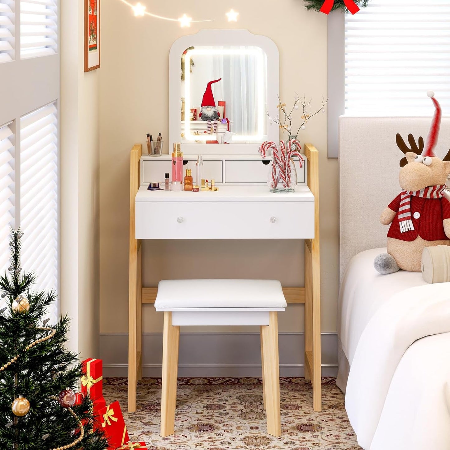 Compact White Vanity Desk With Three Color Illumination