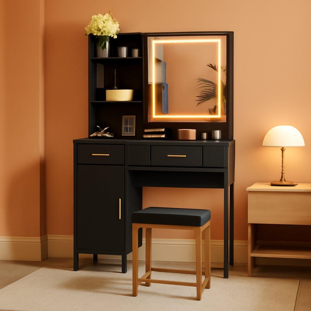 Black Vanity Desk With Mult iCompartment Mirror Lights