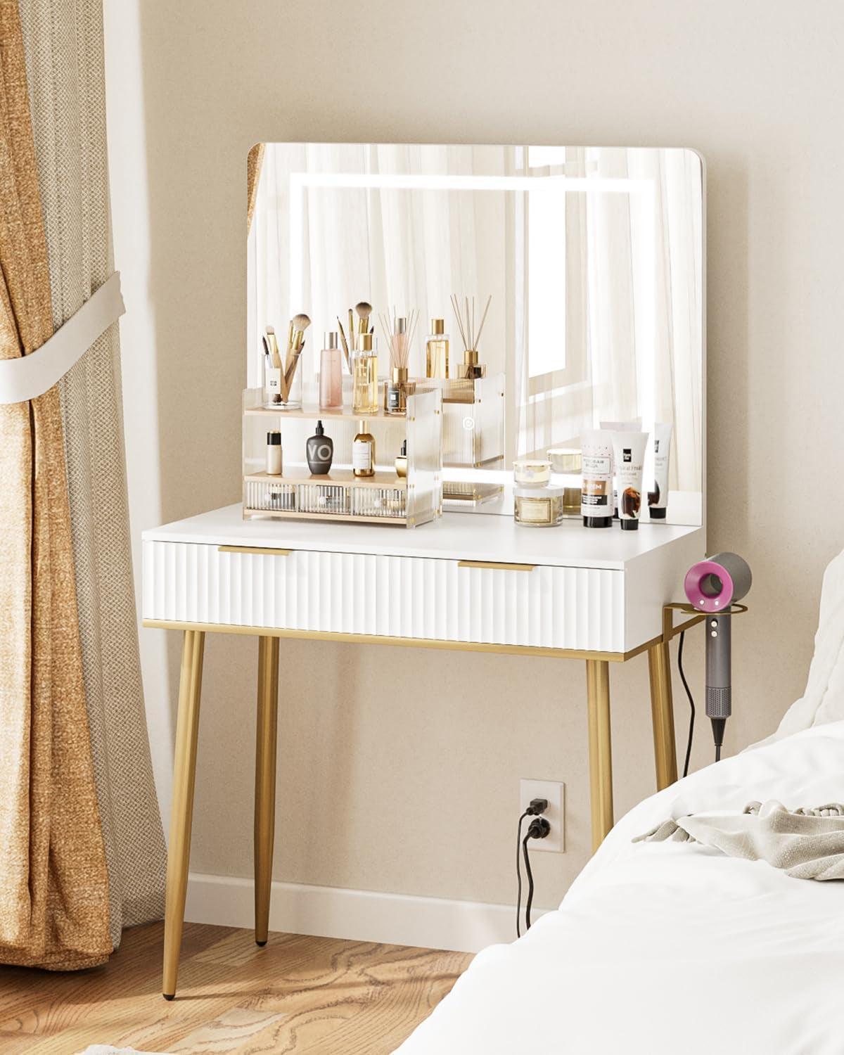 Luxurious White Vanity Desk With Ornamental Accents