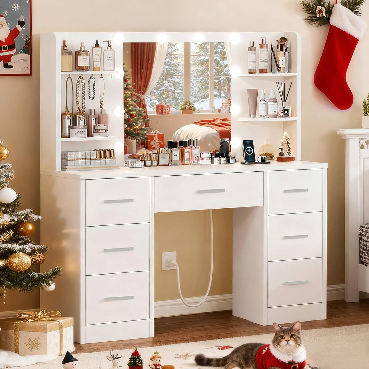 White Vanity Desk With Integrated LED Mirror Outlet