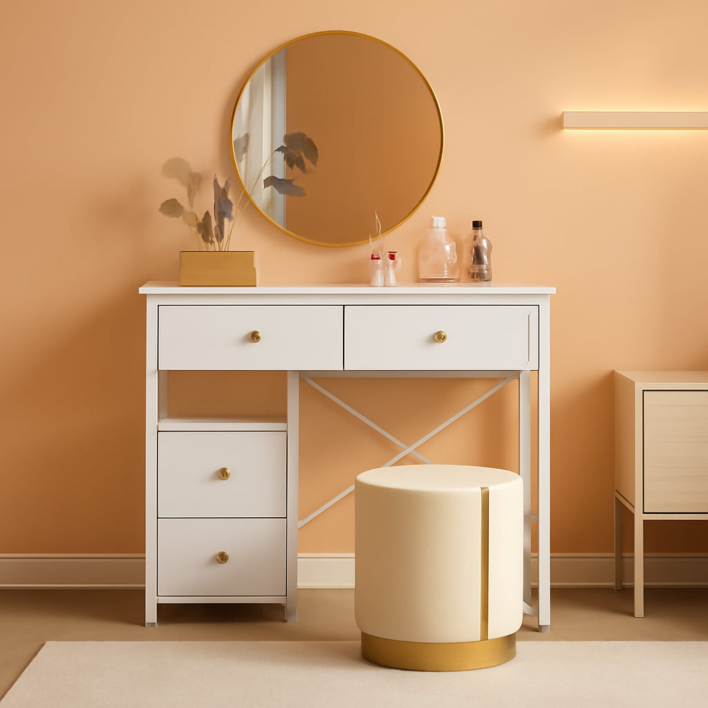 White Vanity Desk With Premium Fabric Drawers Storage