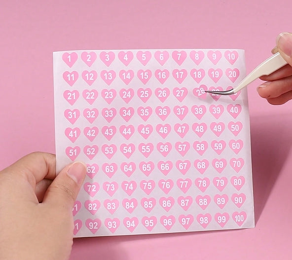 Nail Number Stickers for Gel Polish and Swatches - Pink Heart, 2pcs (1–100)