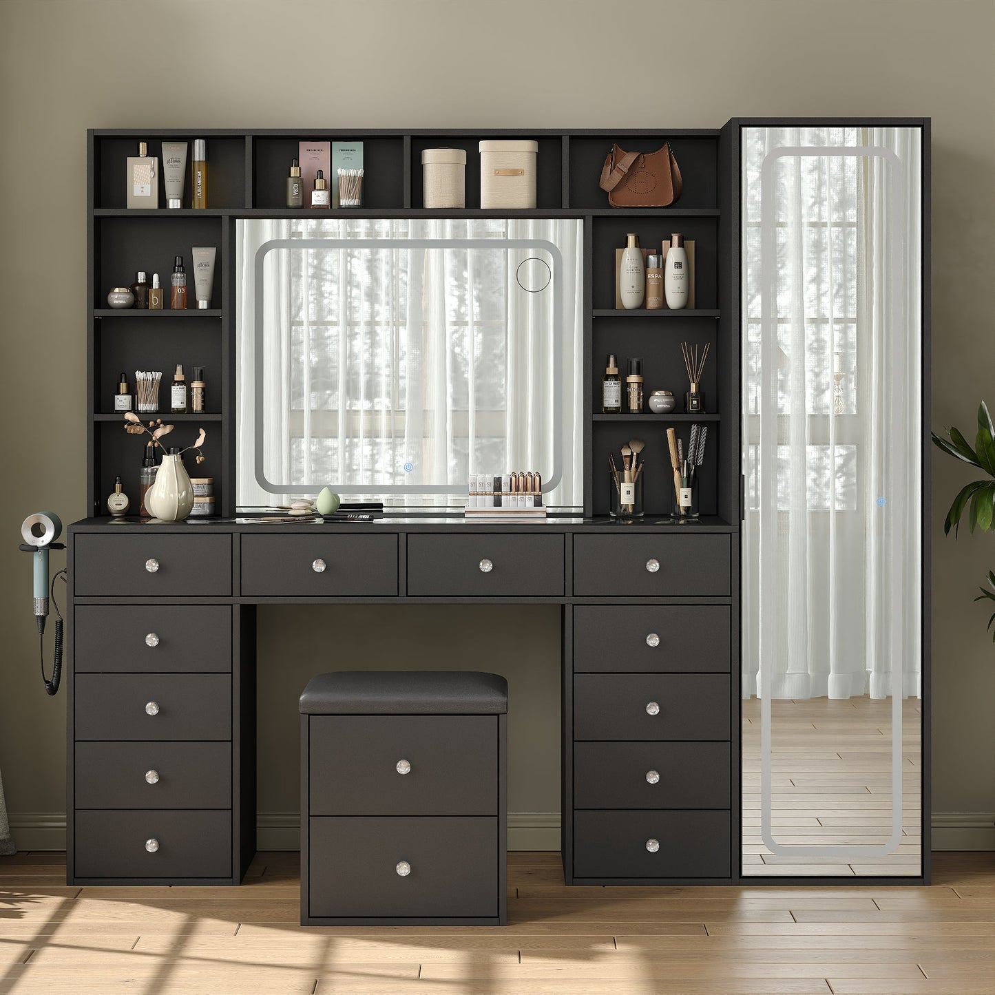 14-Drawer Full-Length Mirror Vanity Desk with 10 Shelves, White - Vektaya