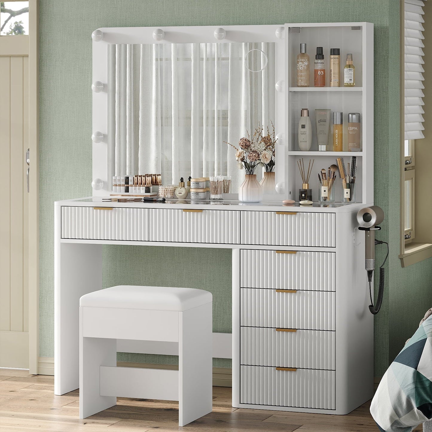 7-Drawer LED Mirror Vanity Desk - Vektaya