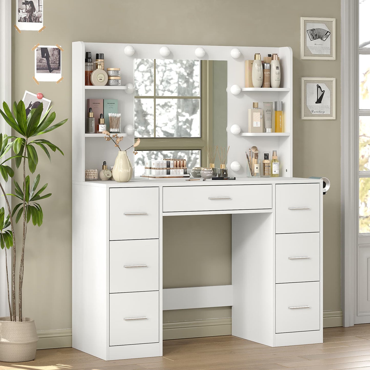 7-Drawer LED Mirror Vanity Desk with Charging Station - Vektaya