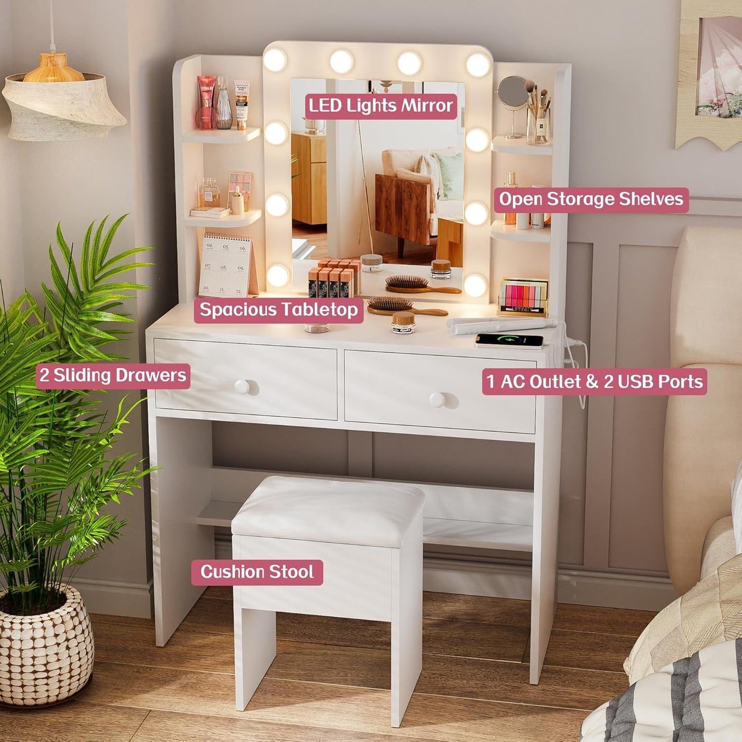 White Makeup Vanity Desk With Customizable Lighting