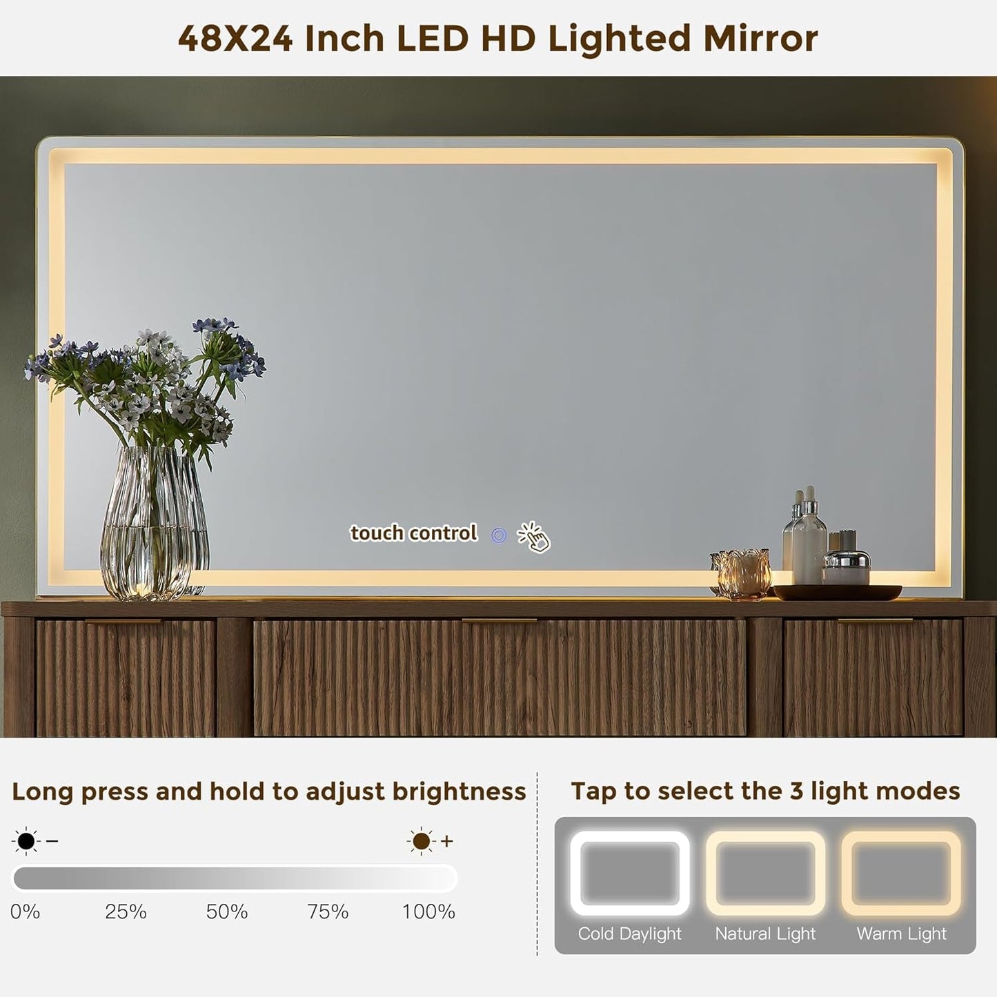Forty Eight Inch Fluted Vanity Desk Illuminated Mirror