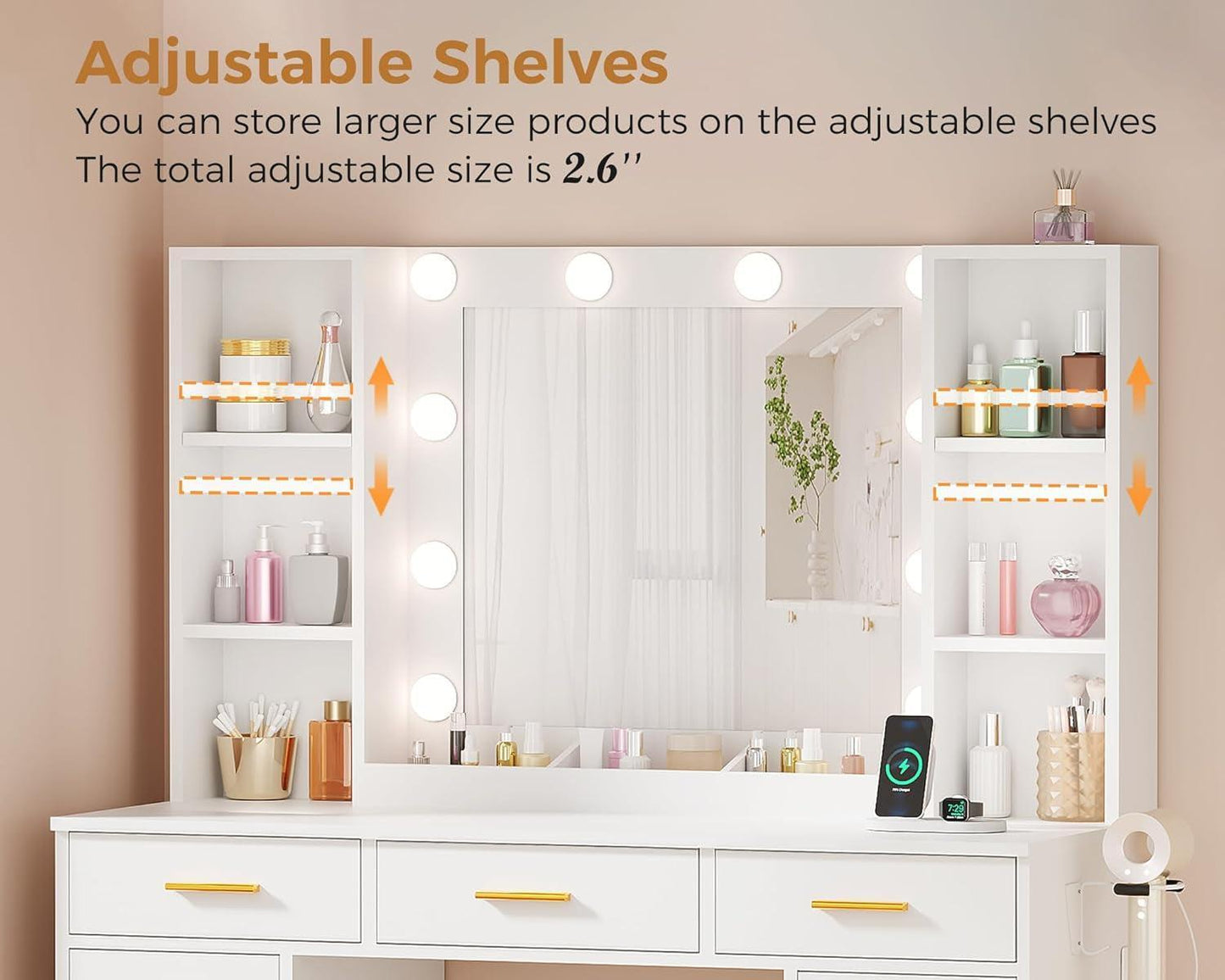 White Cosmetics Vanity Desk With Illuminated Mirror