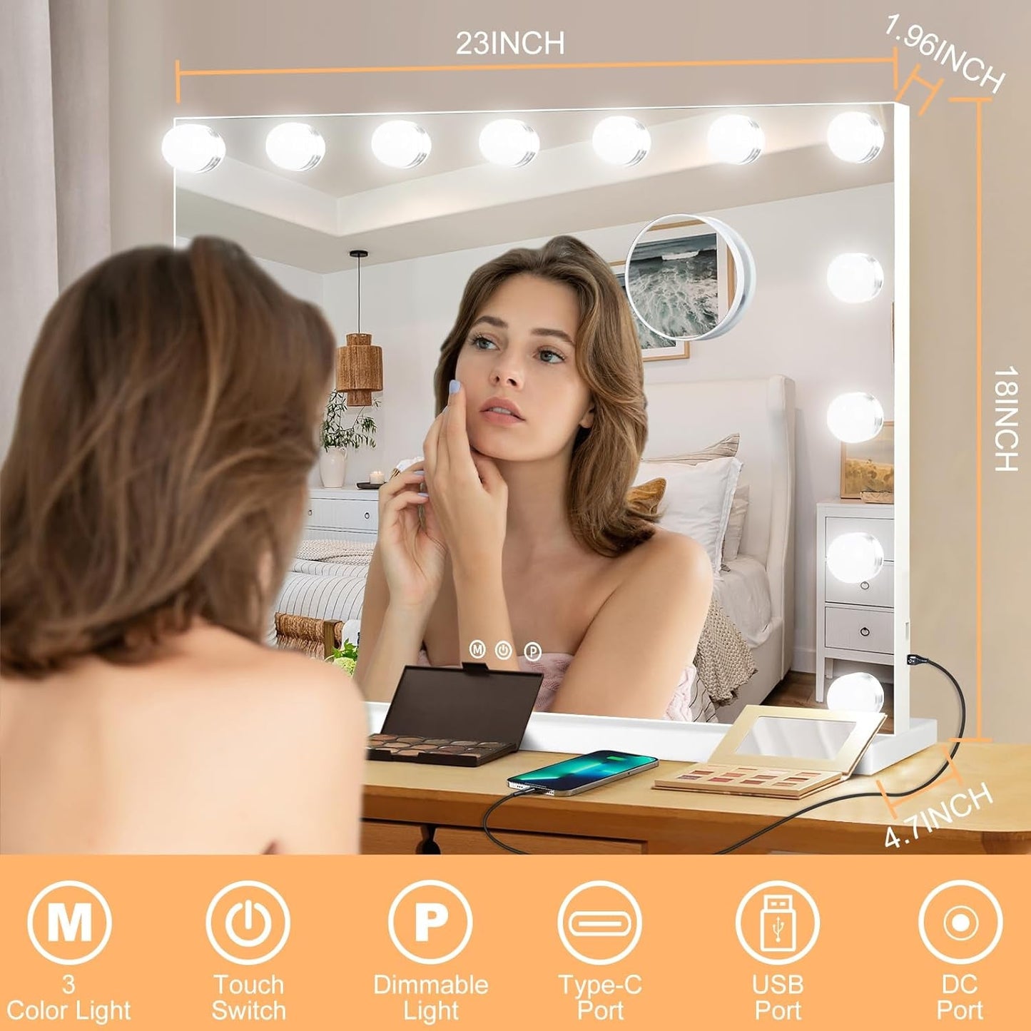 23 Inch Vanity Mirror With Dimmable Lights 10x Magnification