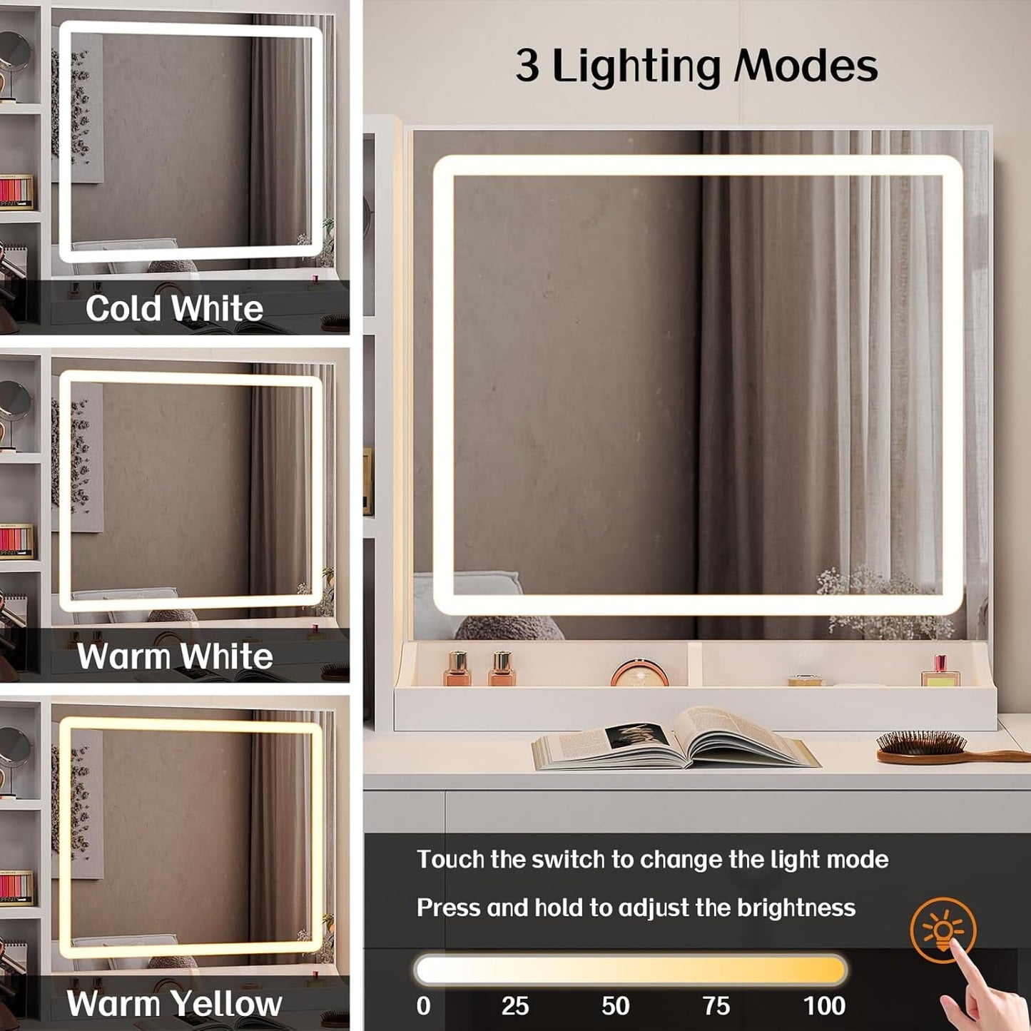 White Vanity Desk With Integrated Illumination Mirror