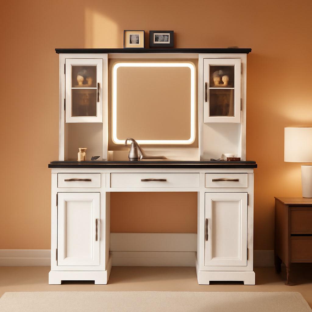 Forty Five Inch Wide White Vanity Desk LED Mirror Storage Unit