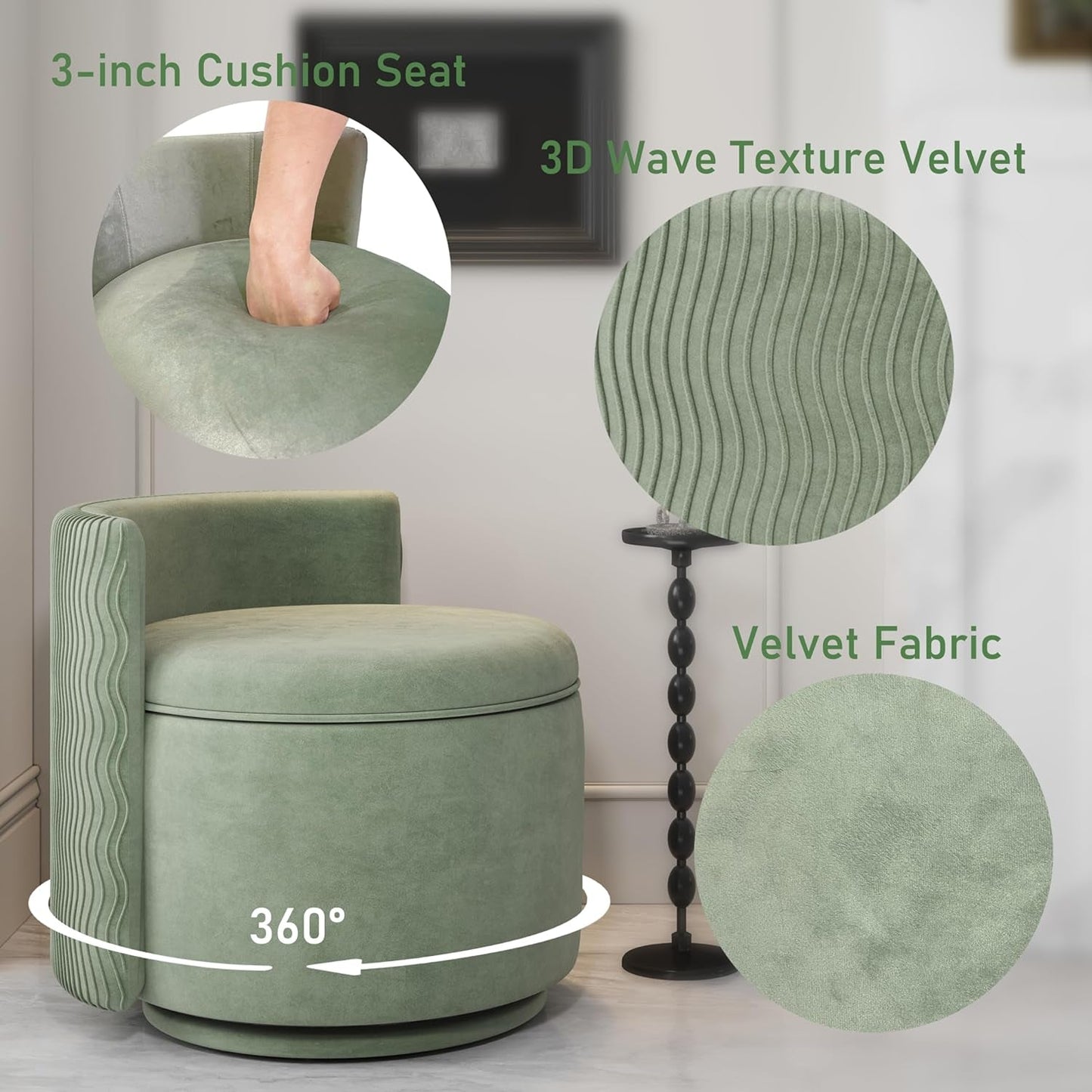 Emerald Velvet Vanity Ottoman With 360DegreeSwivel