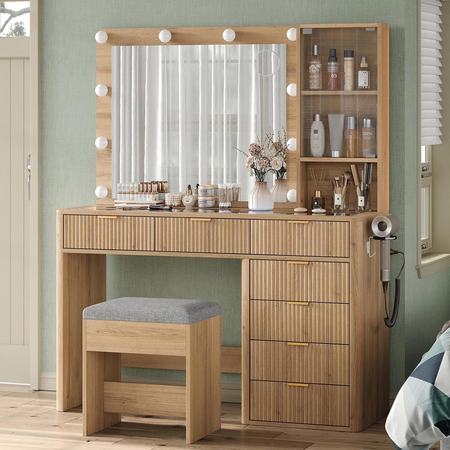 Forty Seven In Fluted Oak Makeup Vanity Desk Illuminated