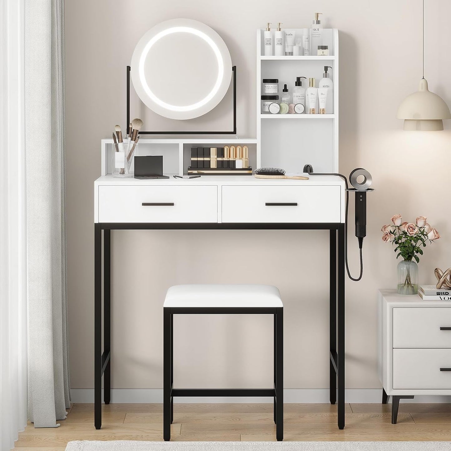 Professional Grade White Vanity Desk Rotating Mirror