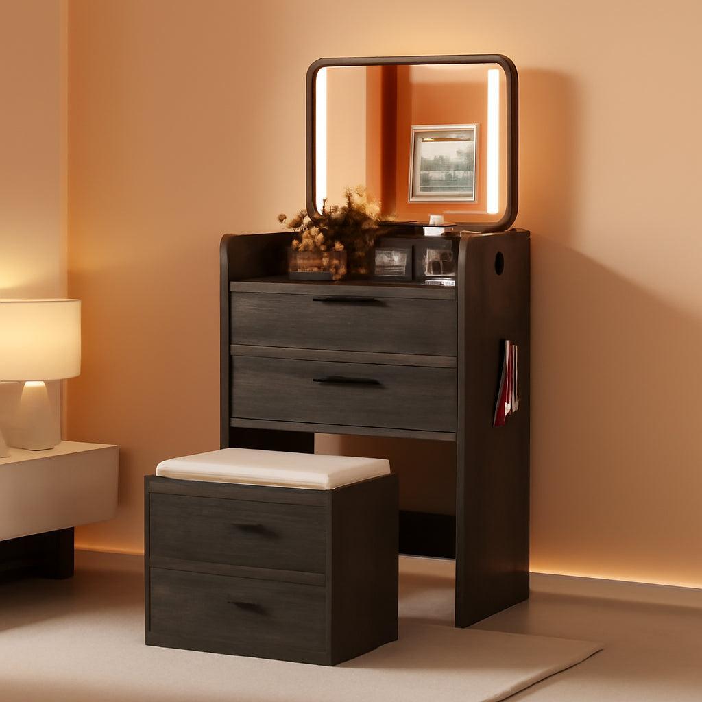 Compact Vanity Desk With Crystal Glass Top Oak Finish