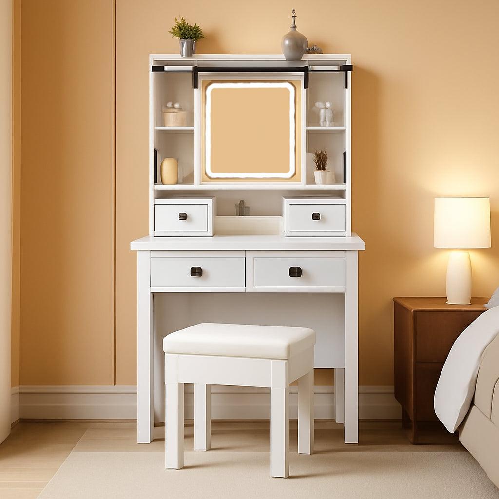 White Vanity Desk With Sliding Mirror Illumination