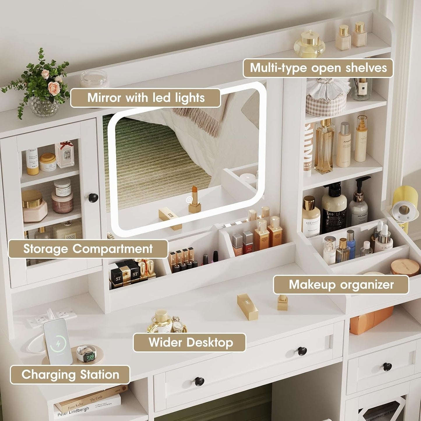 Large Vanity Desk Mirror LED Lighting Storage Drawers