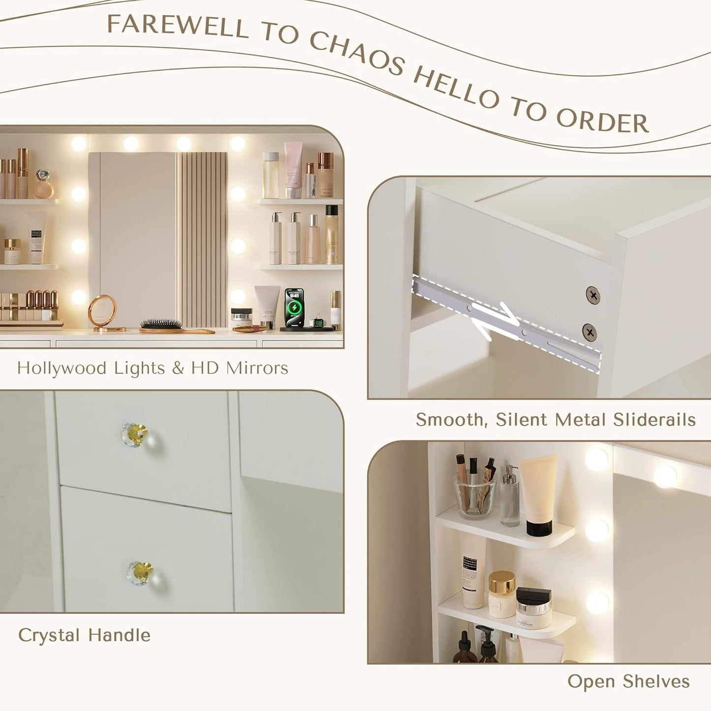 White Rhinestone Vanity Desk With Illuminated Mirror