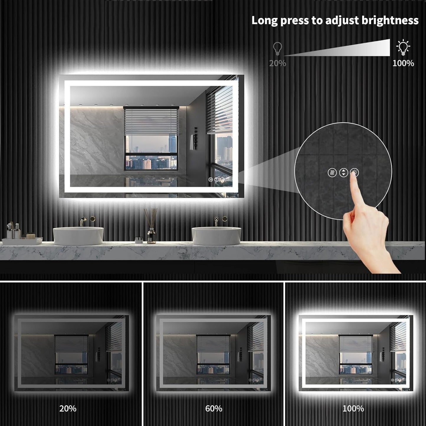 48X36Inch LED Backlit AntiFog Vanity Mirror Dimmable