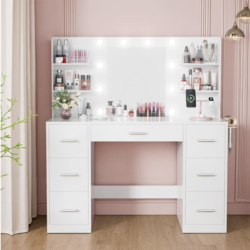 Luxurious White Vanity Desk With Illuminated Mirror
