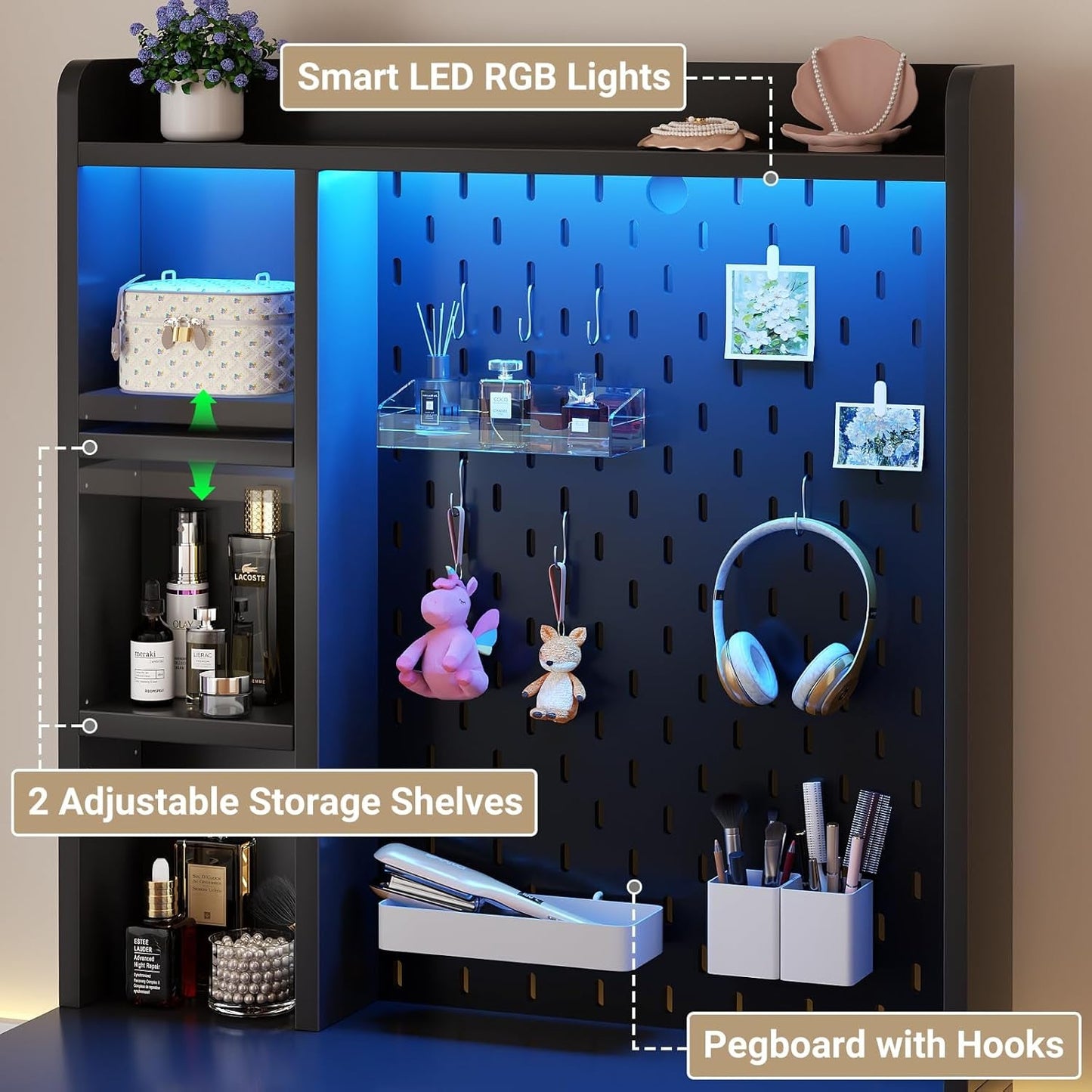 Space Saving Black Vanity Desk 23 Inch With Pegboard