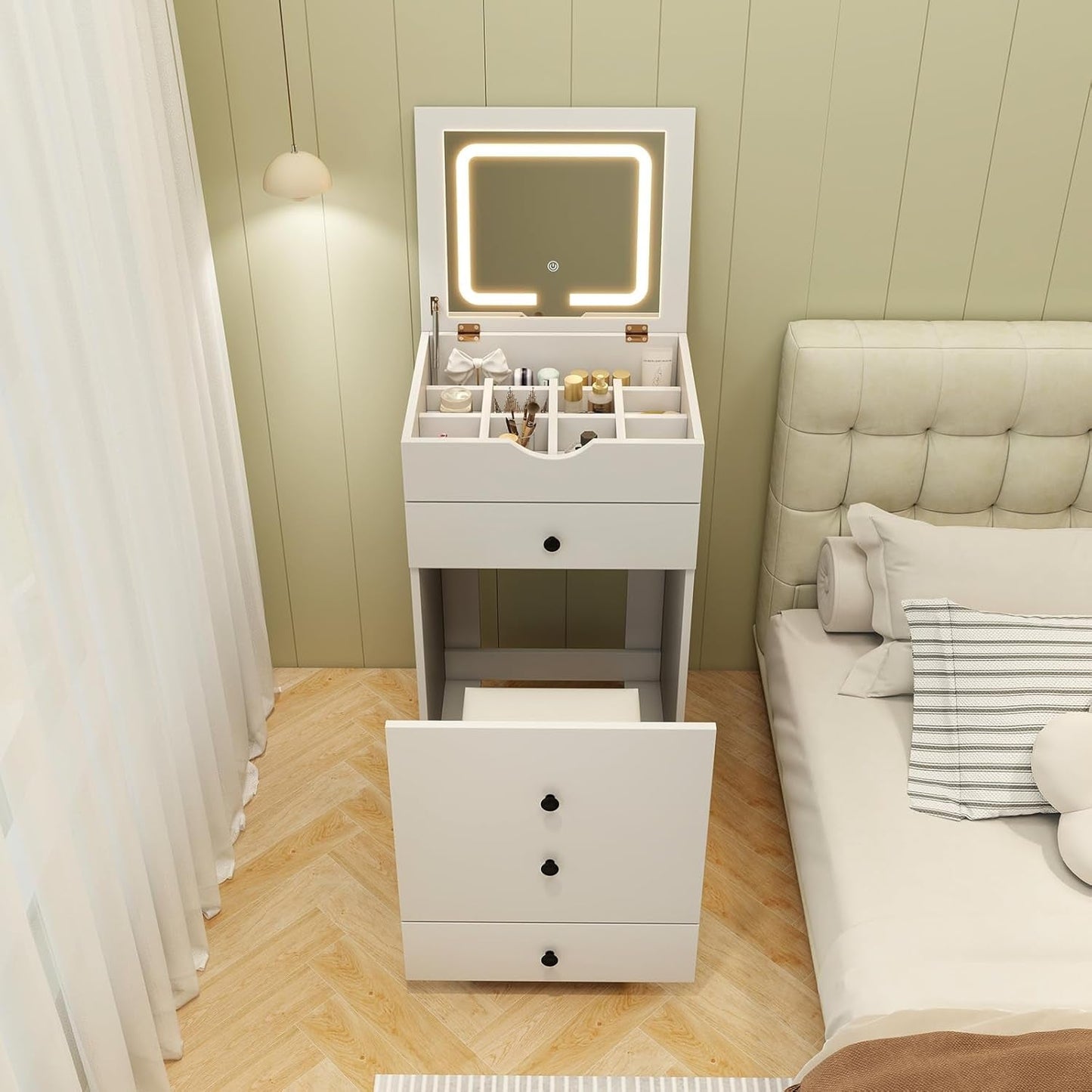 Small White Vanity Desk Illuminated Mirror Storage