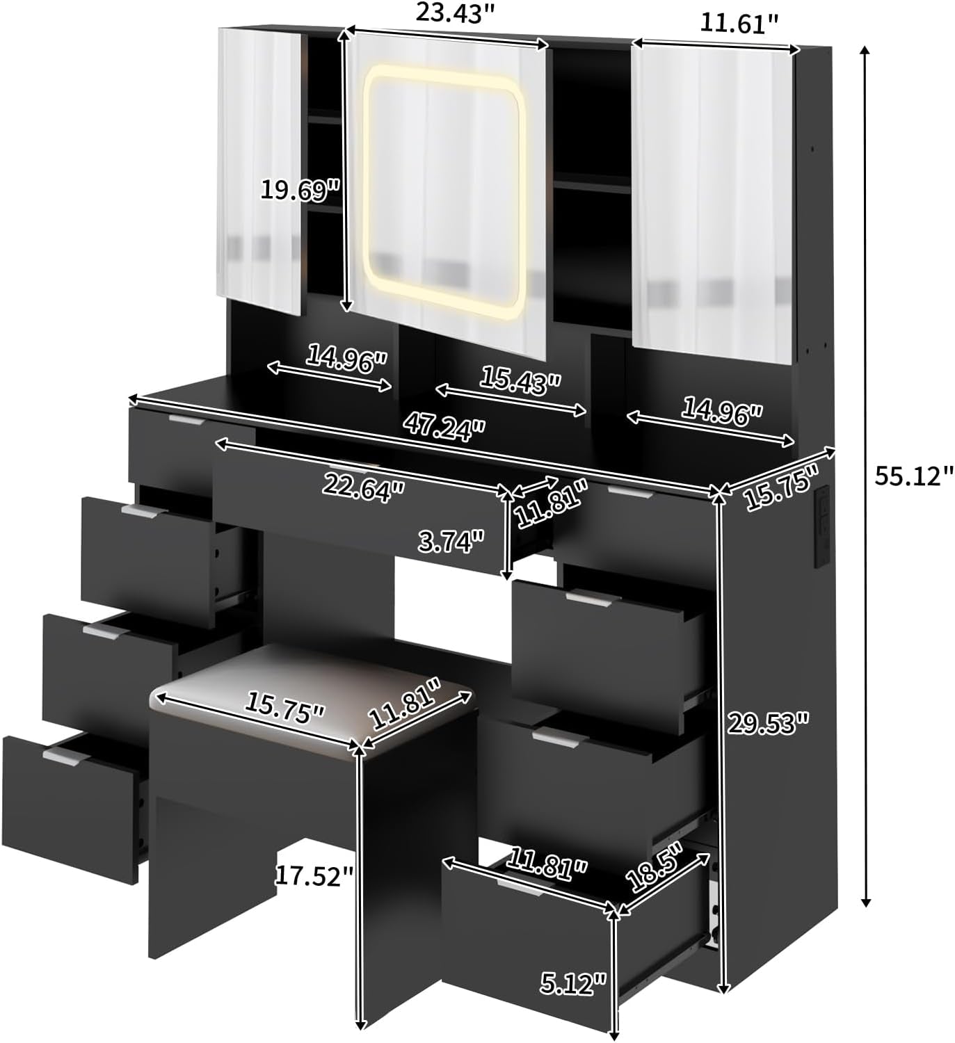 Oversized Vanity Table Illuminated Mirror With Drawers