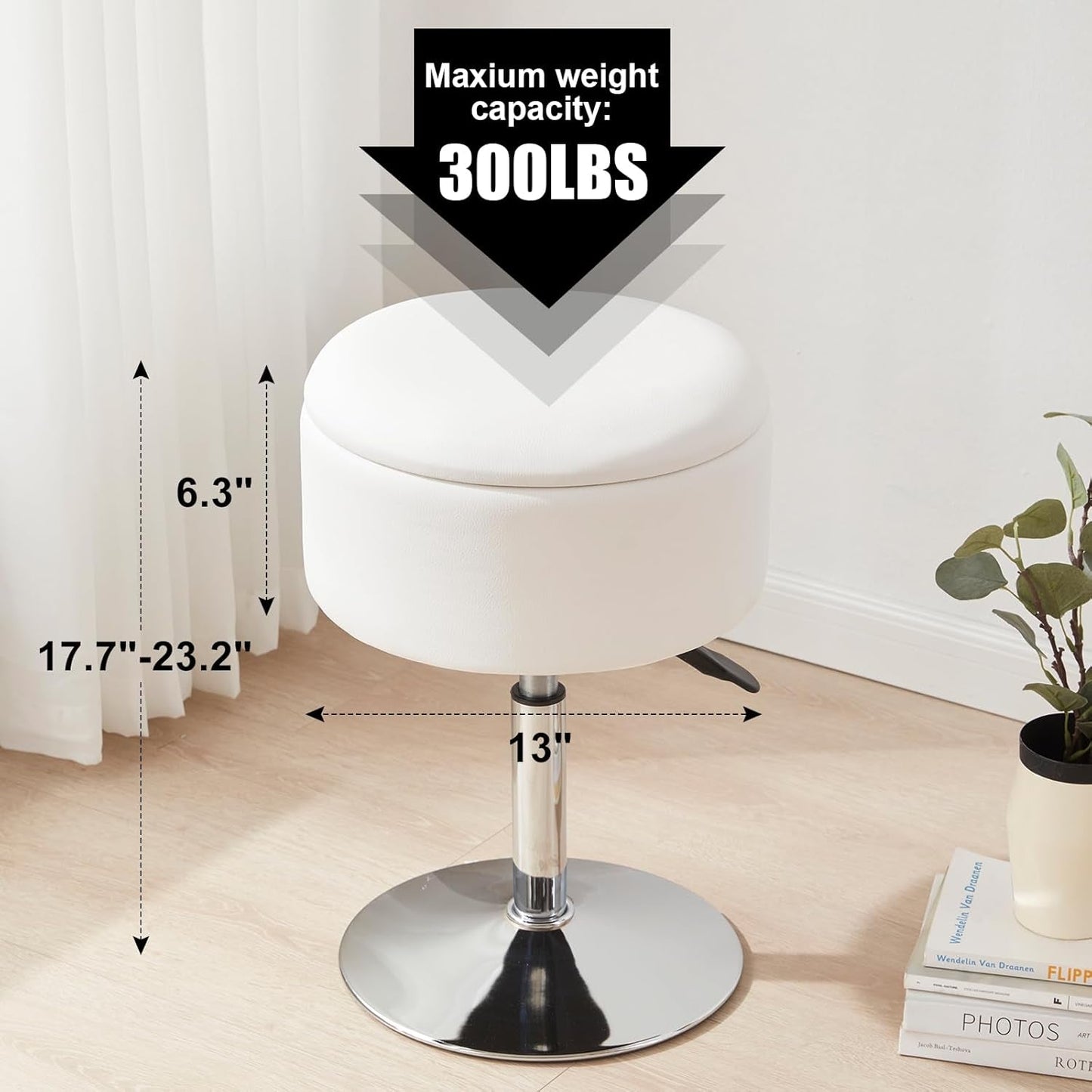 White Adjustable Vanity Stool With Storage Leatherette