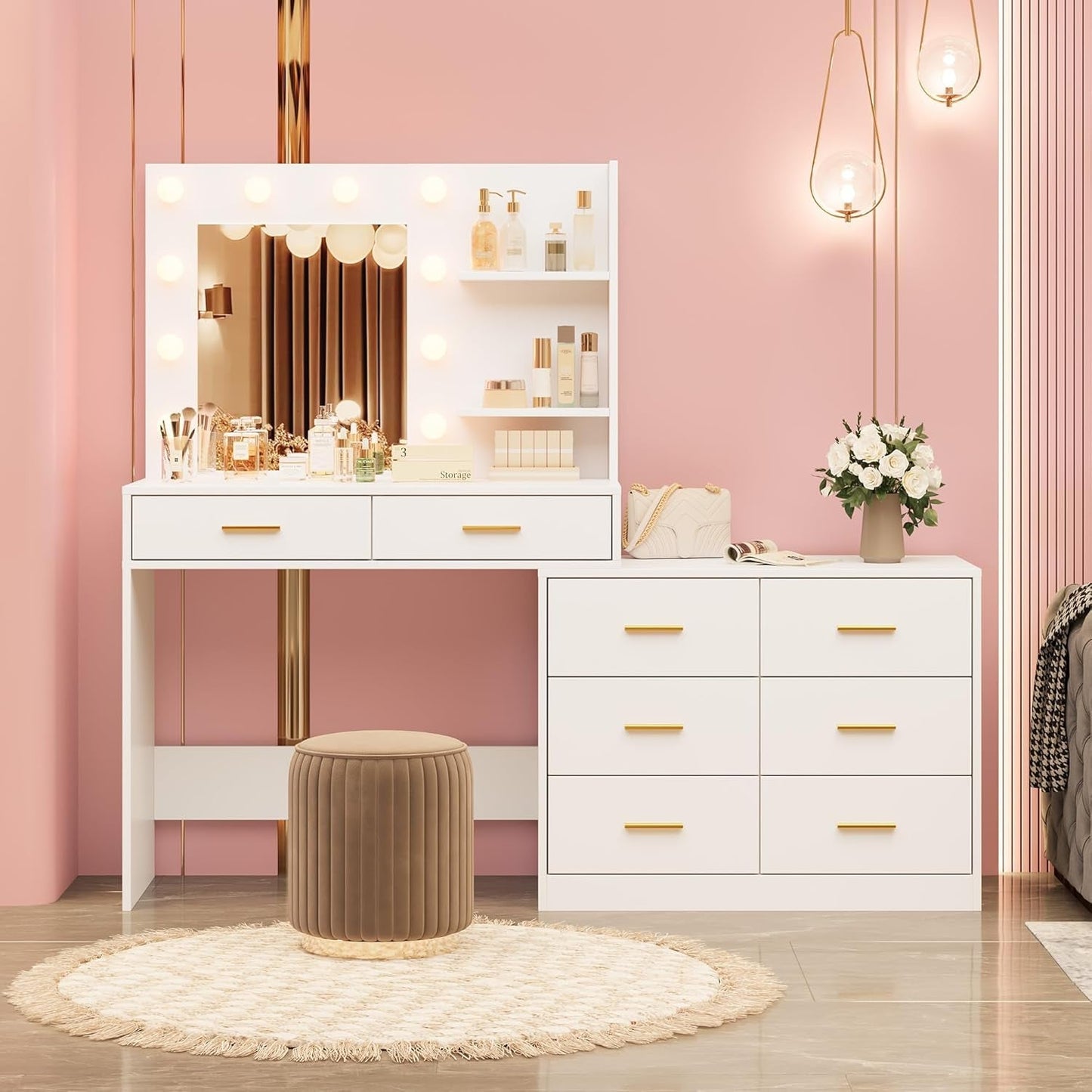 61 Inch Vanity Desk With Premium Led Illuminated Makeup Mirror