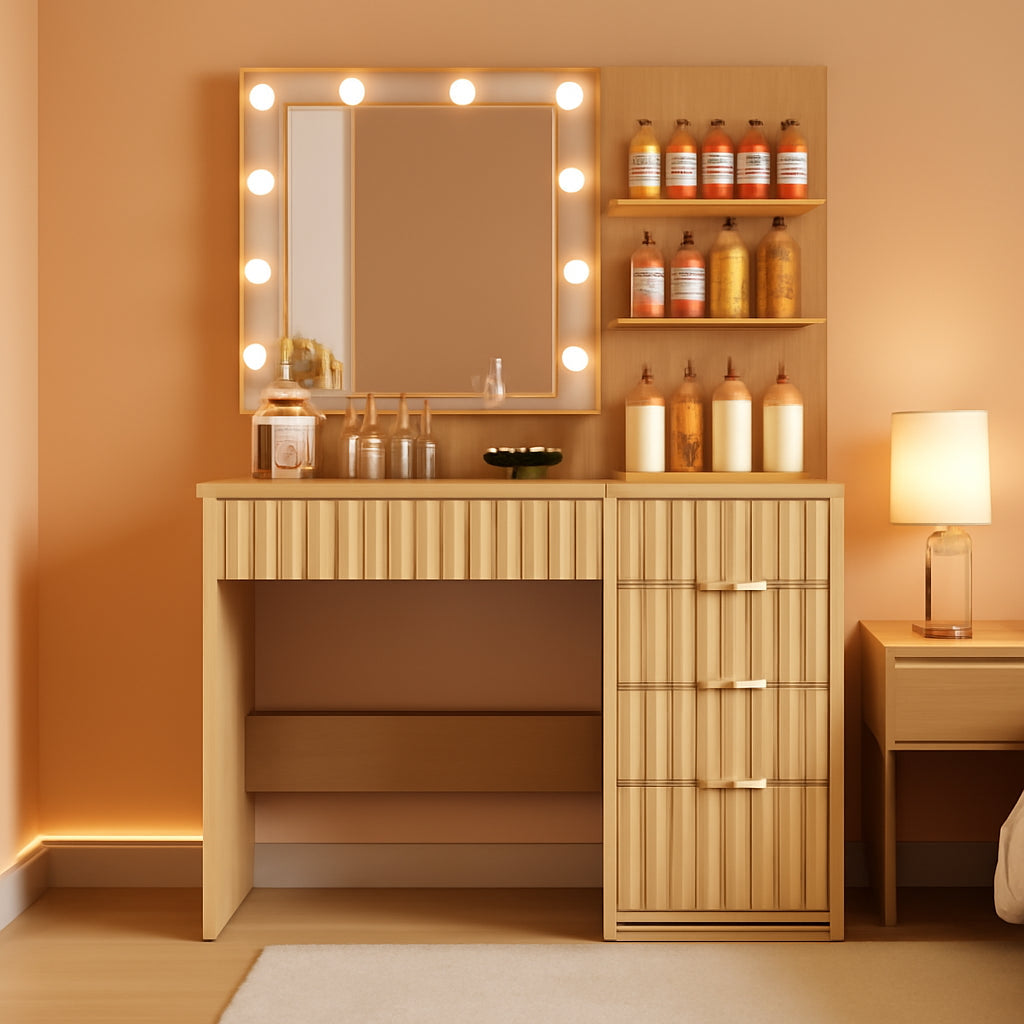Fluted Vanity Desk Mirror With Adjustable Lighting