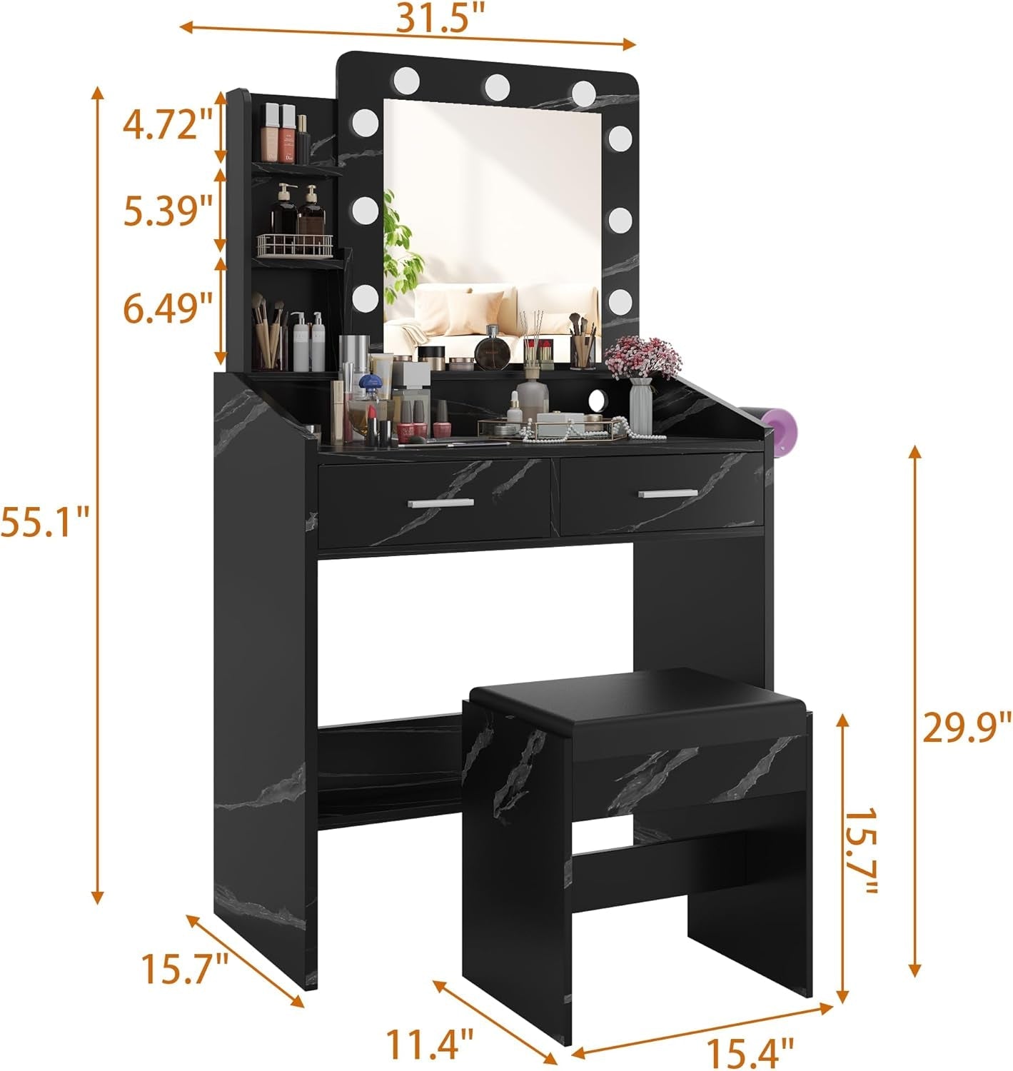Contemporary Marble Vanity Desk With Dimmable LEDs