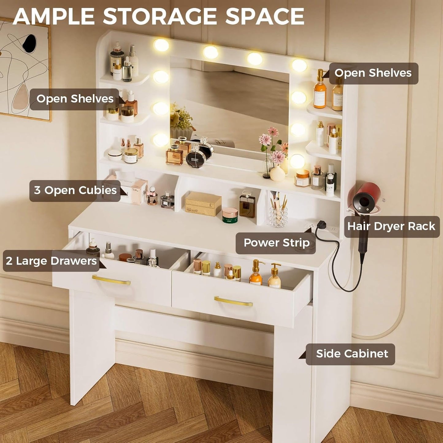 White LED Vanity Desk With Illuminated Makeup Mirror