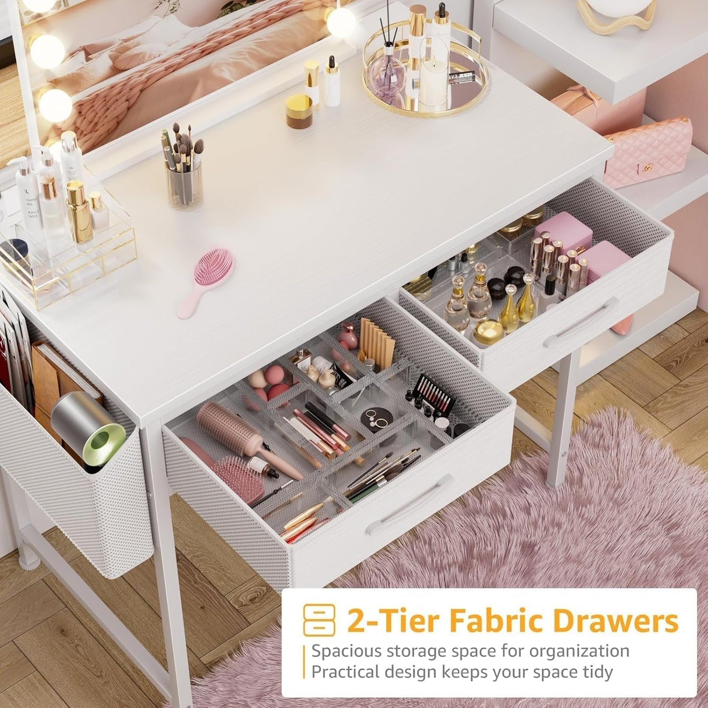 White Thirty Two Inch Vanity Desk With Fabric Drawers Storage