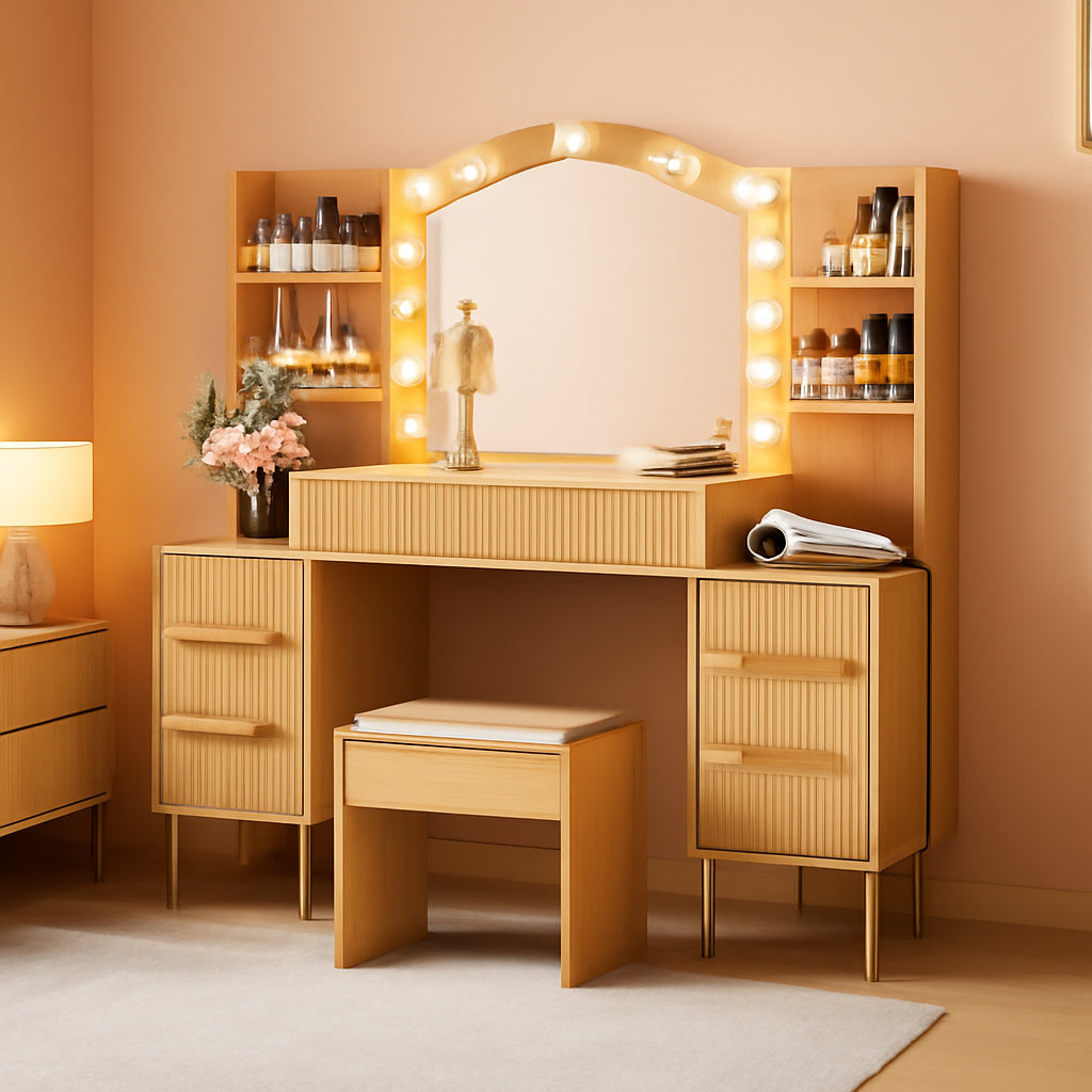 Fifty FiveInch Oak Vanity Desk With Mirror Lighting