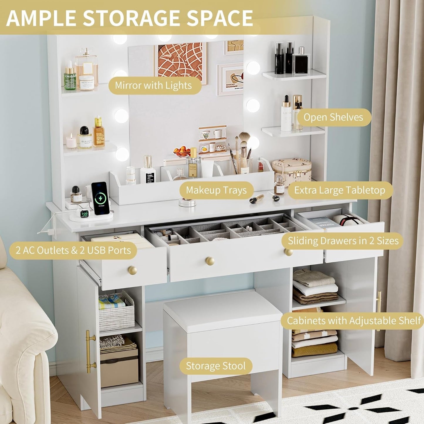 White Forty Three Inch Vanity Desk With Large Mirror