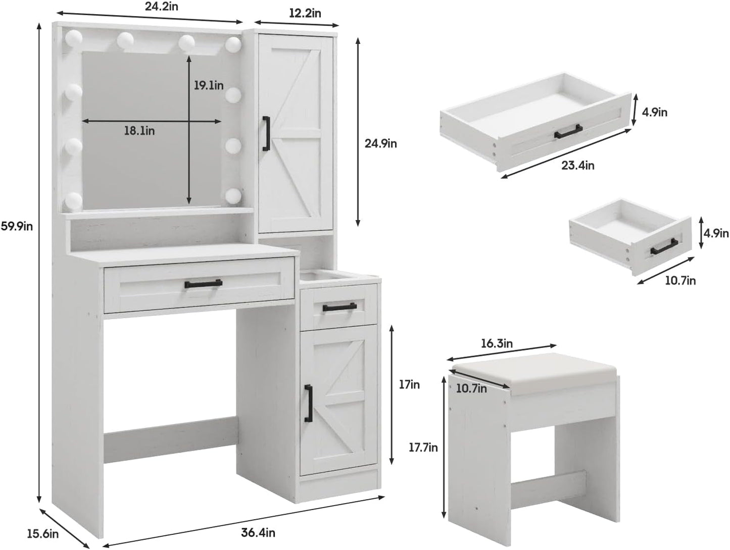 36 Inch Antique White Vanity Desk With LED Illumination