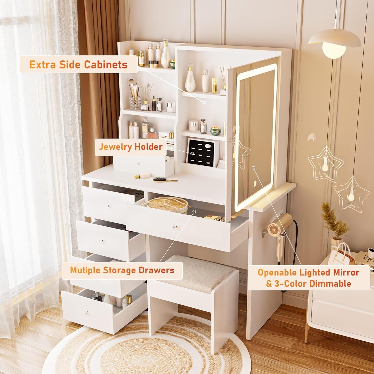 White Vanity Desk With Photoluminescent LED Illumination