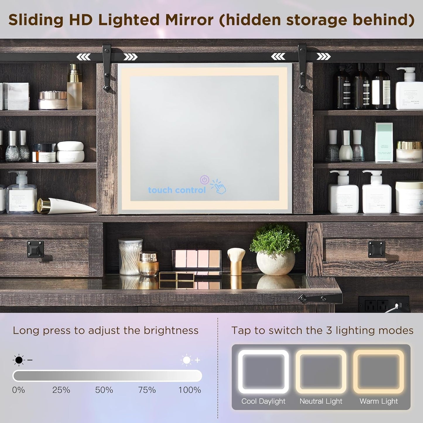 48-Inch Farmhouse Style Vanity Desk With LED Mirror
