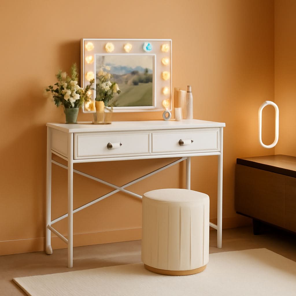 White 31.5 Inch Vanity Desk No Mirror Soft Fabric Drawers