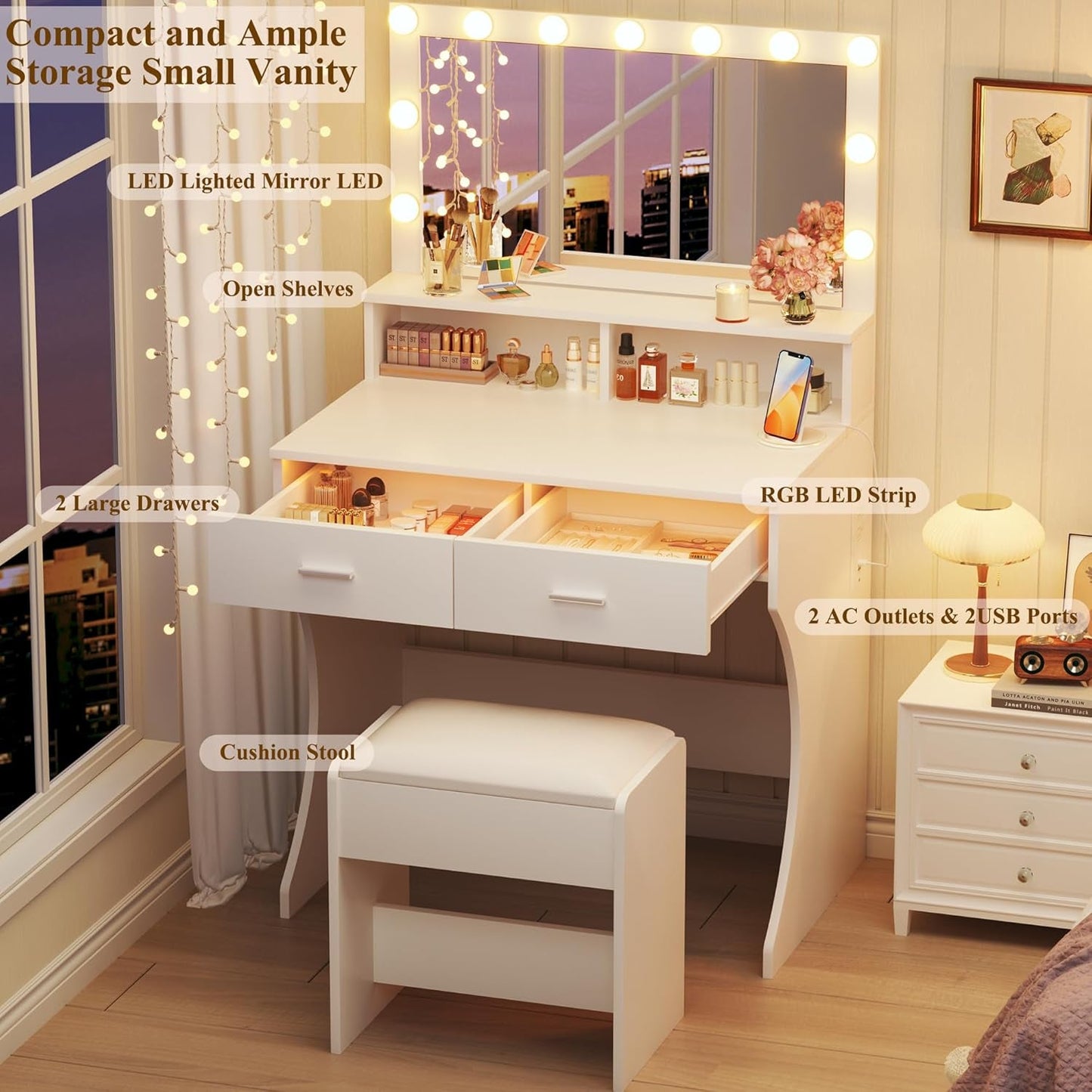 Small White Vanity Desk With RGB Ambient Illumination
