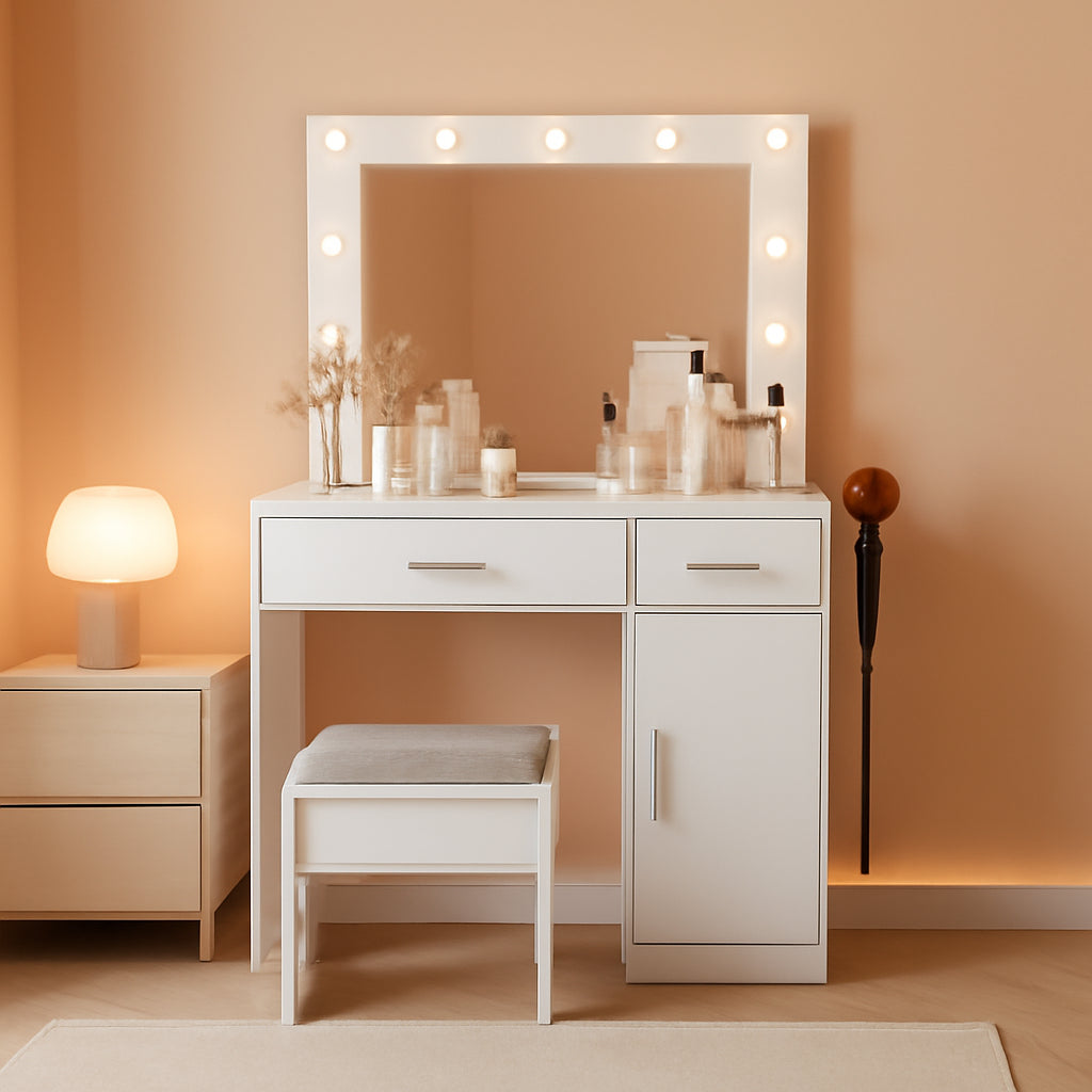 White Vanity Desk With Illuminated Mirror Lighting