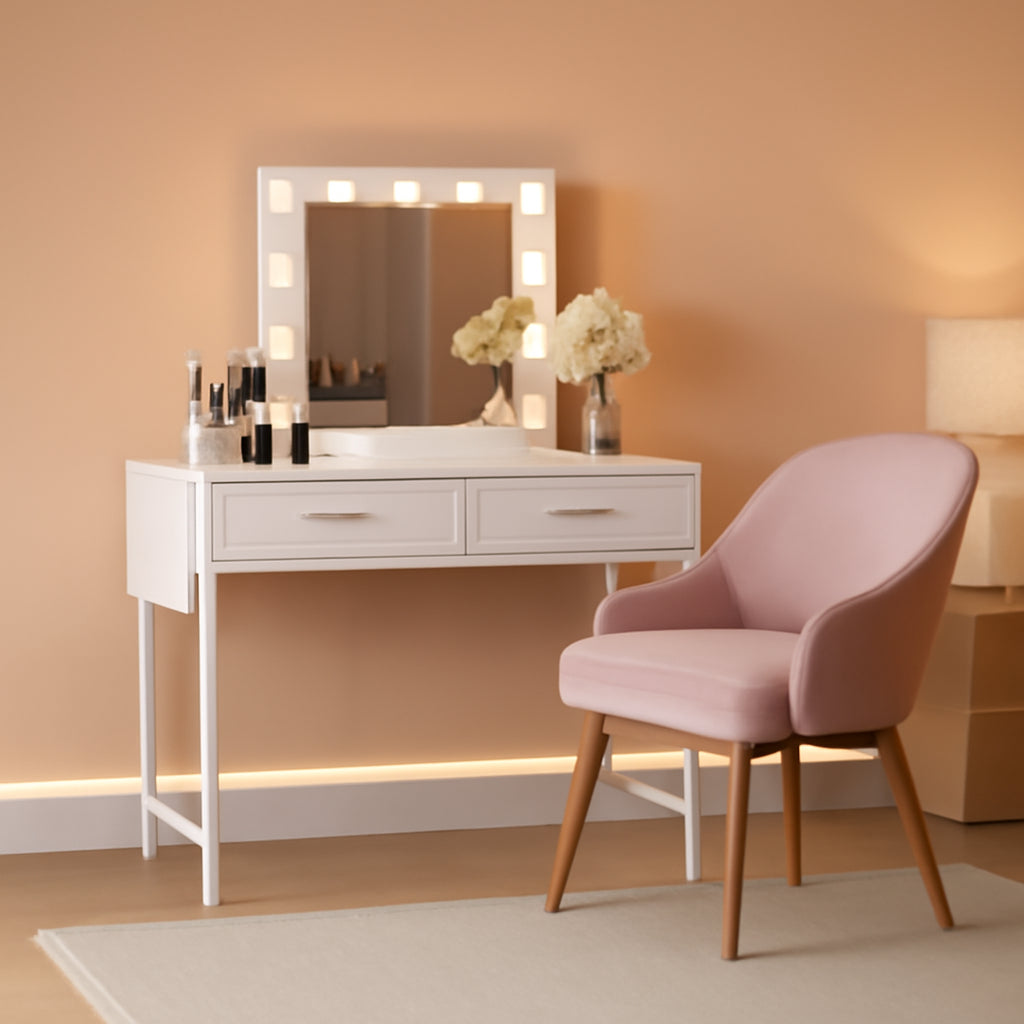 White Thirty Two Inch Vanity Desk With Fabric Drawers Storage