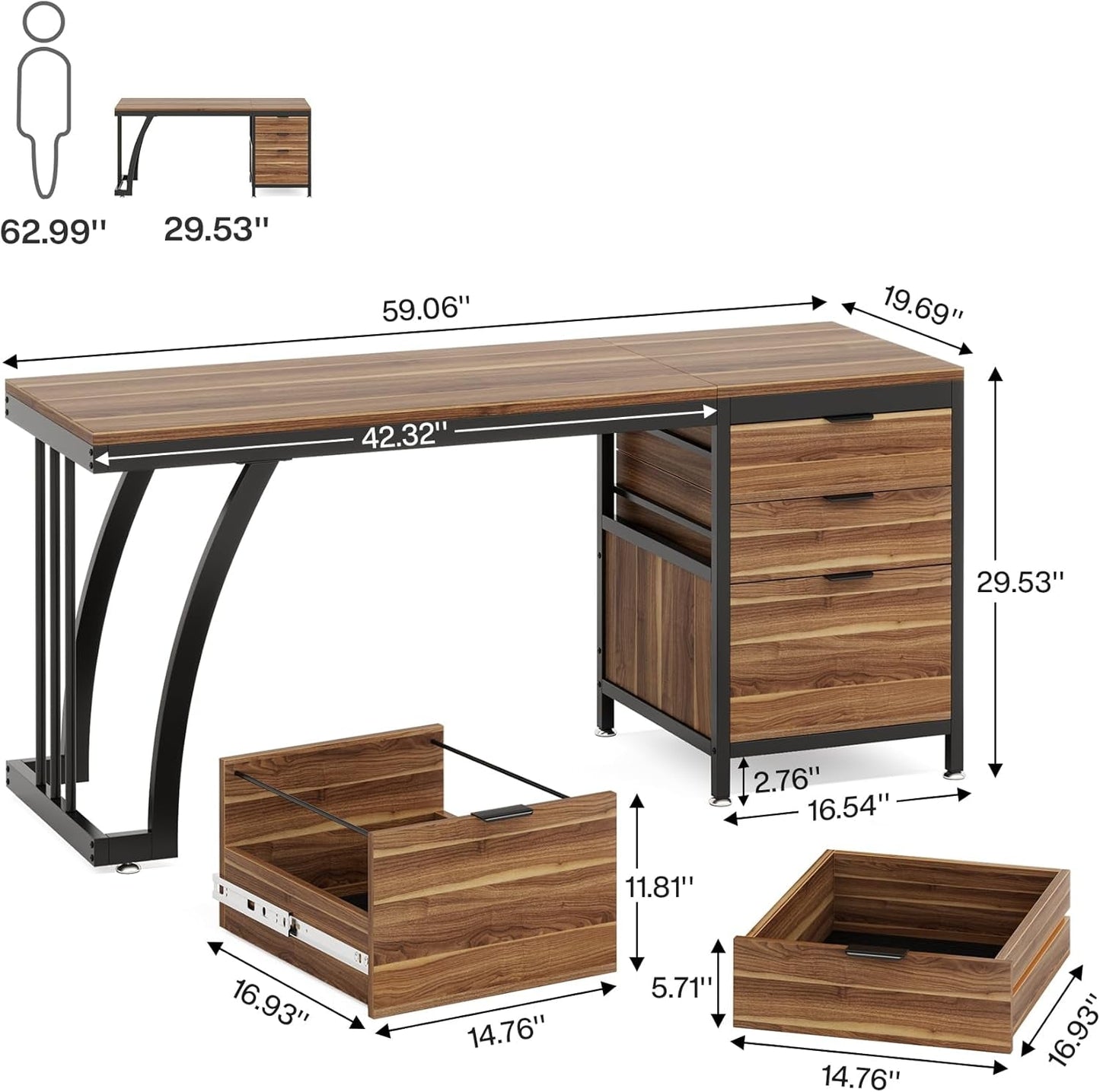 59-Inch Vanity Desk Reversible Drawers Rustic Brown