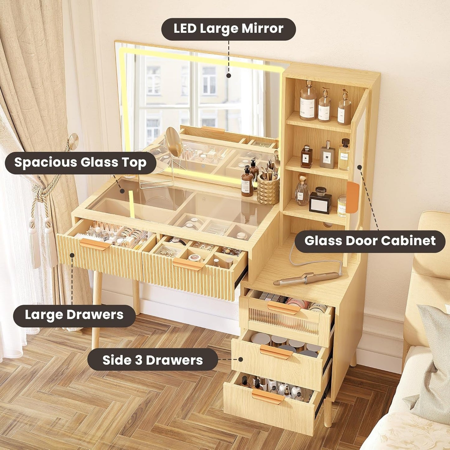 Light Oak 45 Inch Vanity Desk Including Mirror And Lights