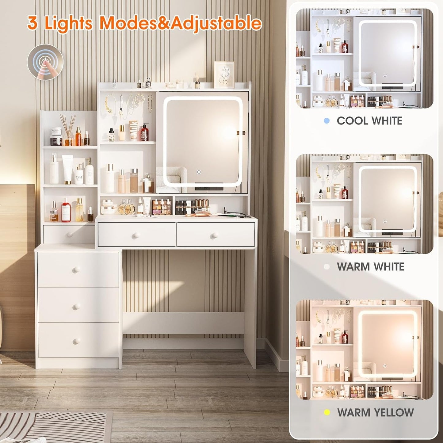 White Makeup Vanity Desk With Power Outlet Led Mirror