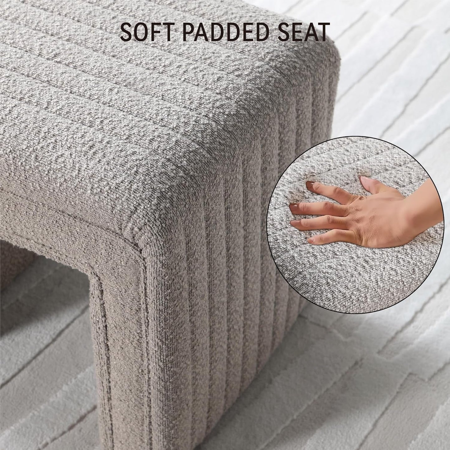 Taupe Boucle Vanity Ottoman Tufted Weathered Walnut